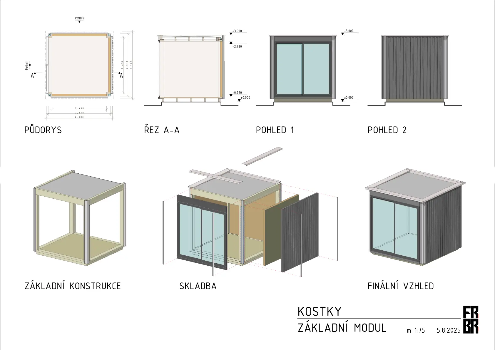 Schéma rozměrů Studia — vnější 3 × 3 m, vnitřní plocha 8 m².
