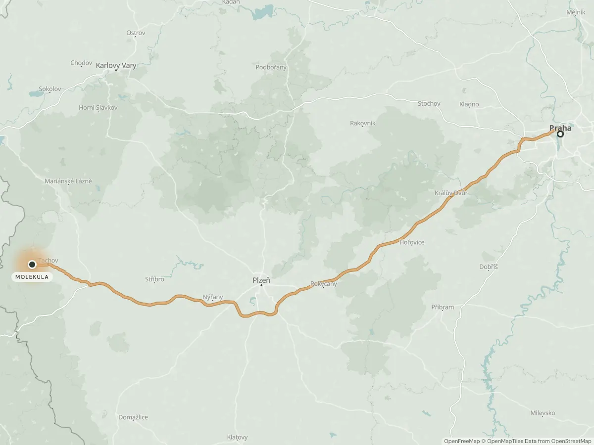 Mapa cesty z Prahy do výroby MOLEKULA v Mýtě u Tachova